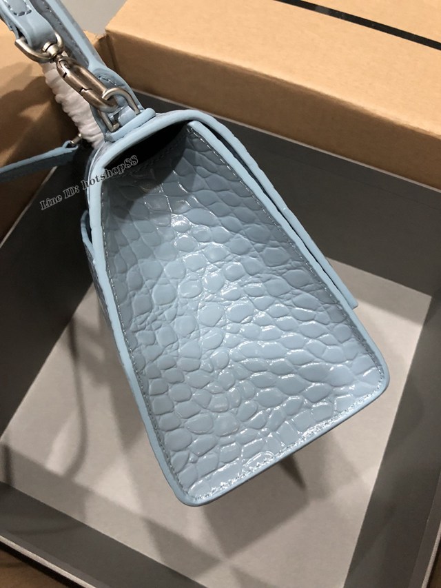 Balenciaga專櫃爆款大號手提女包 巴黎世家升級版鱷魚淺藍色銀扣Hourglass沙漏包 fyj1654